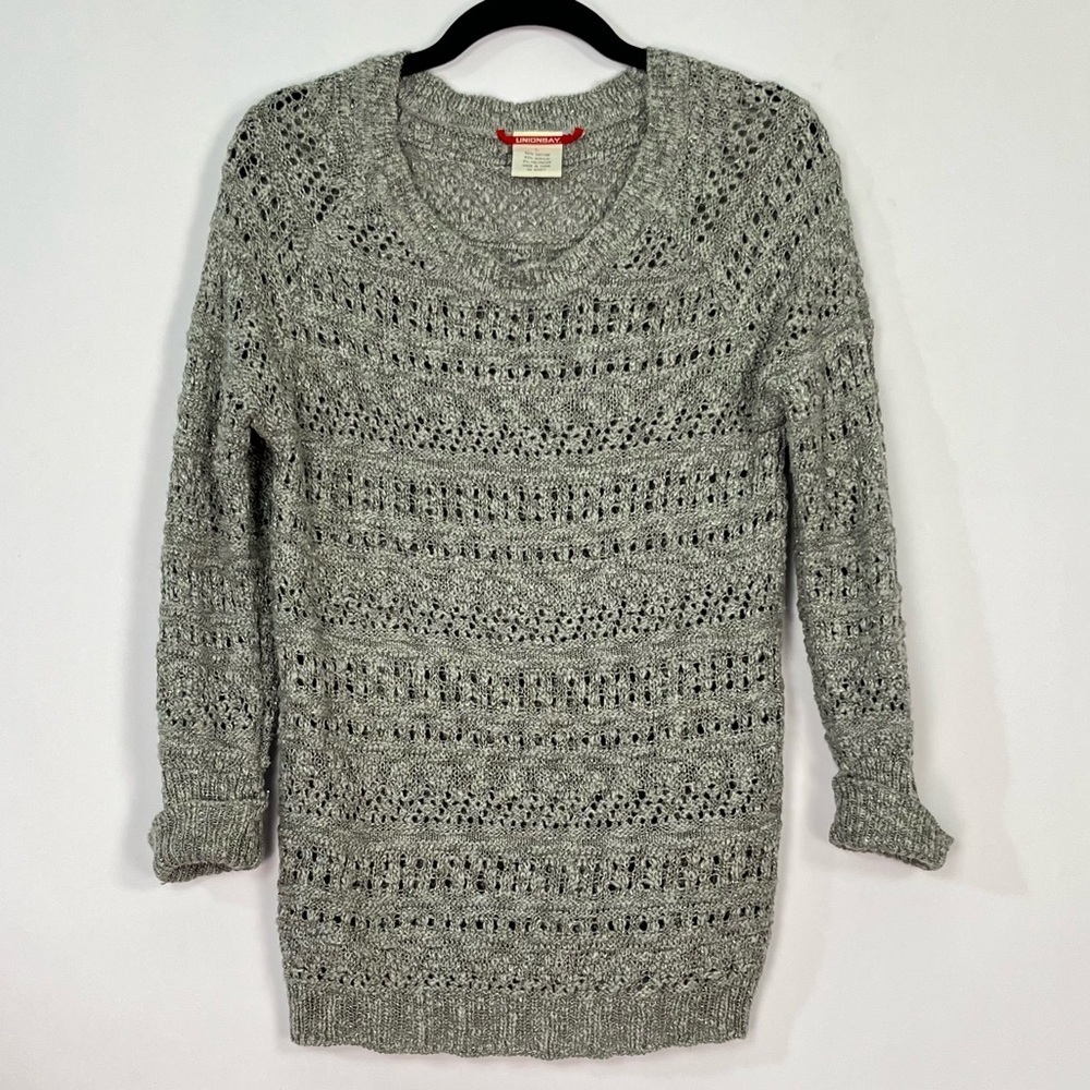 Unionbay Grey Silver Metallic Knit Sweater Cuffed Sleeve Sz Large Cotton Poly